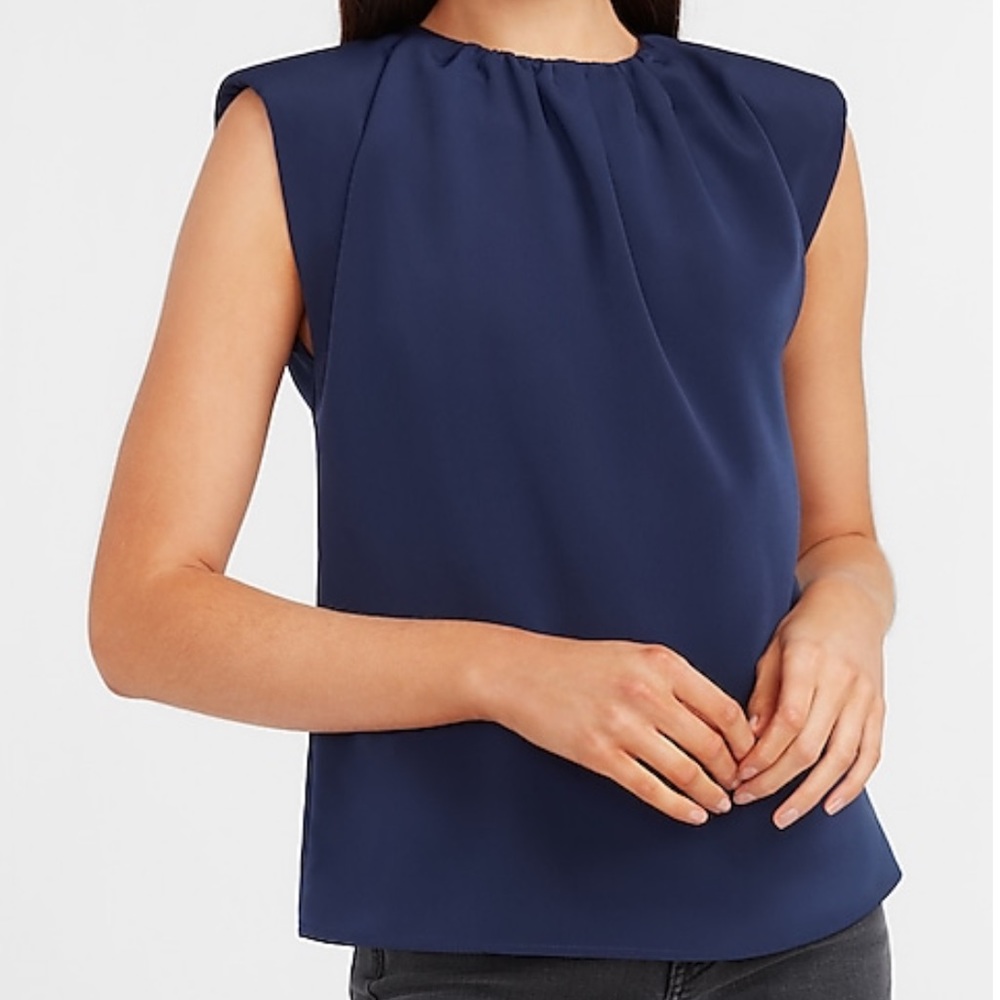 Express Dark Blue Gathered Neck Padded Shoulder Gramercy Top Size S